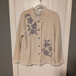 Alfred Dunner Cream Wool Floral Appliqué Jacket, 100% Wool | Size L